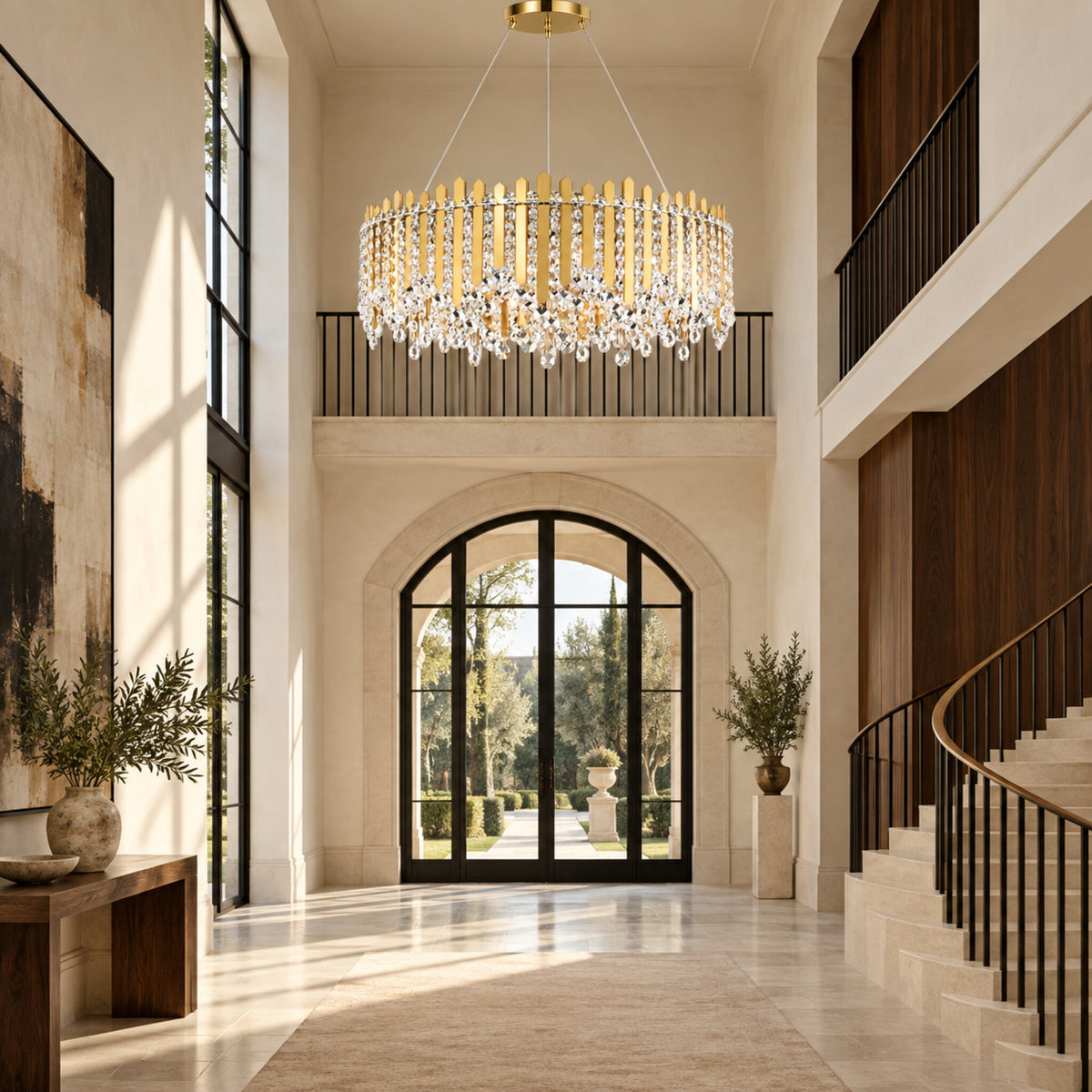 Chatter 12-light pendant in gold mirror displayed in a limestone European contemporary foyer