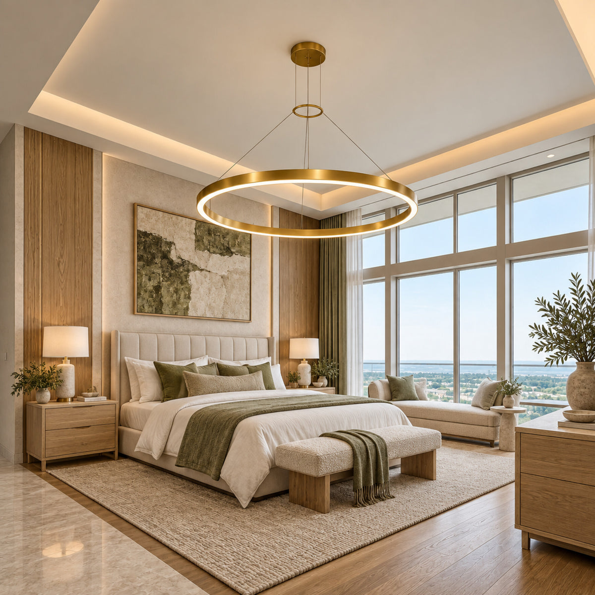 Corona 4 LED ring pendant in bright satin aluminum displayed in an olive and oak organic-modern bedroom