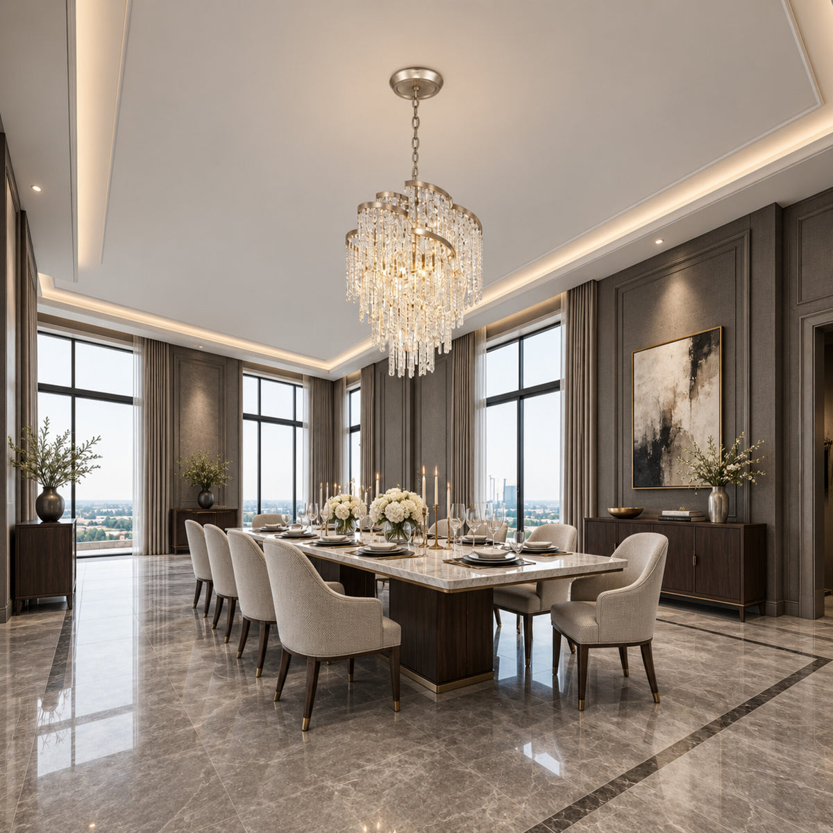 Mont Blanc chandelier in modern silver leaf displayed in a charcoal contemporary dining room