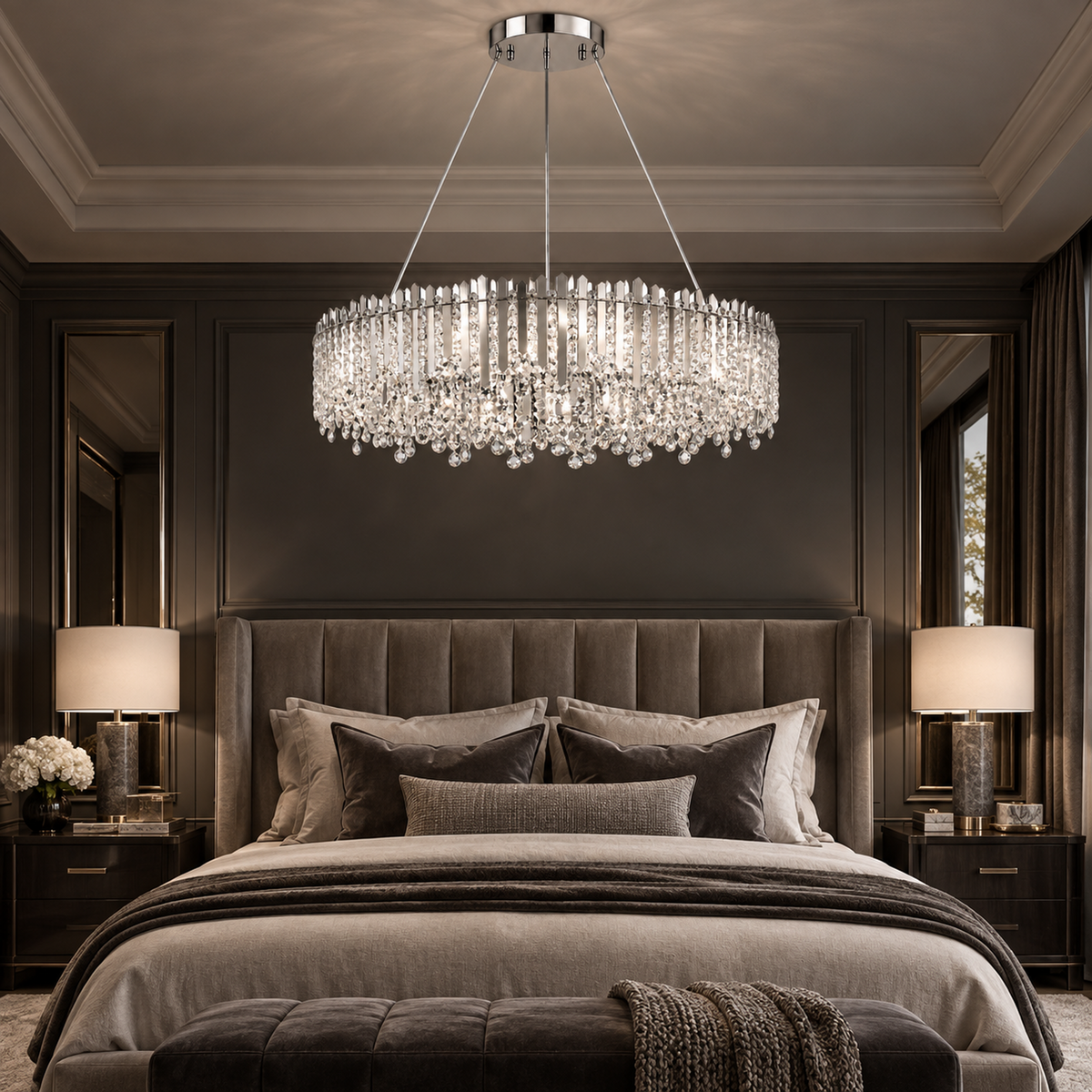 A luxury crystal chandelier with a circular frame and hanging teardrop pendants, suspended over a bed in a dark, elegant bedroom.