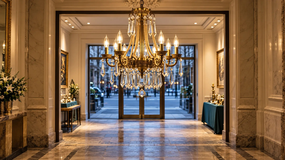 Ornate gold and crystal chandelier displayed in an elegant luxury lobby