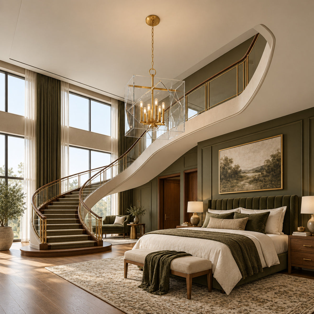 Travis 8-light foyer lantern in aged brass displayed in an olive and walnut transitional bedroom