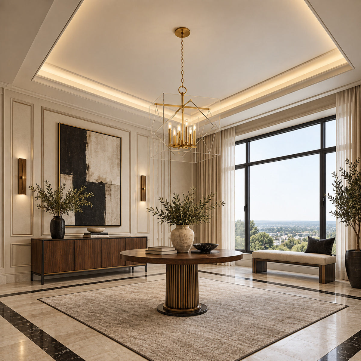 Travis 8-light foyer lantern in aged brass displayed in a limestone and walnut luxury interior