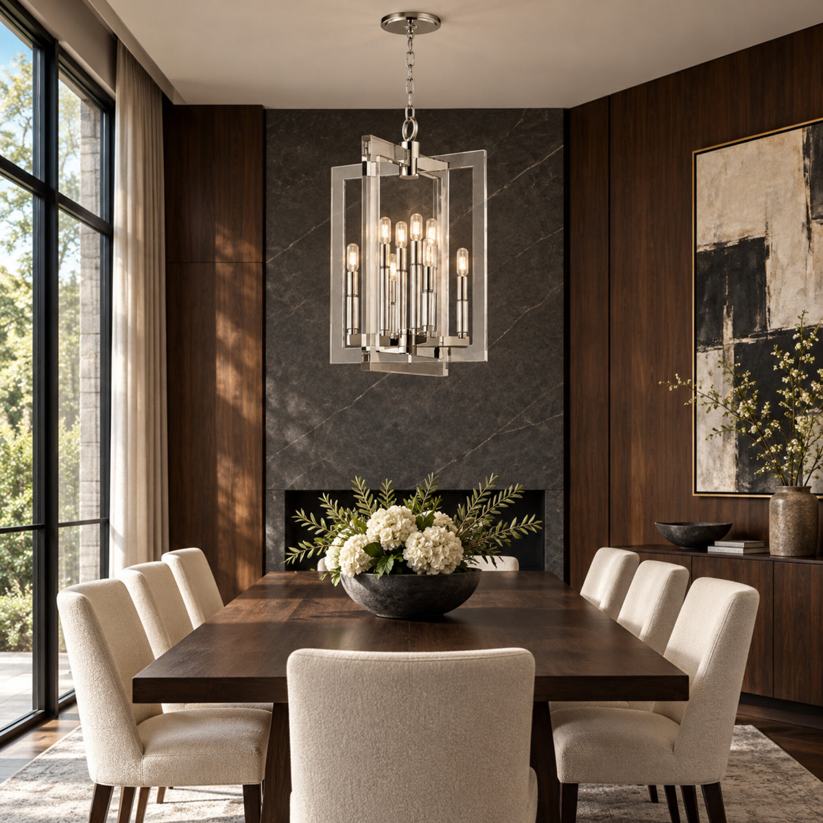 Wellington 8-light foyer lantern in polished nickel displayed in a dark-walnut contemporary dining room