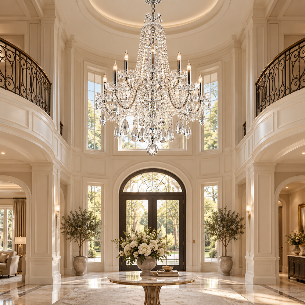 A large multi-tiered crystal chandelier hangs in the center of a grand, elegant foyer with high ceilings, arched windows, and marble floors.