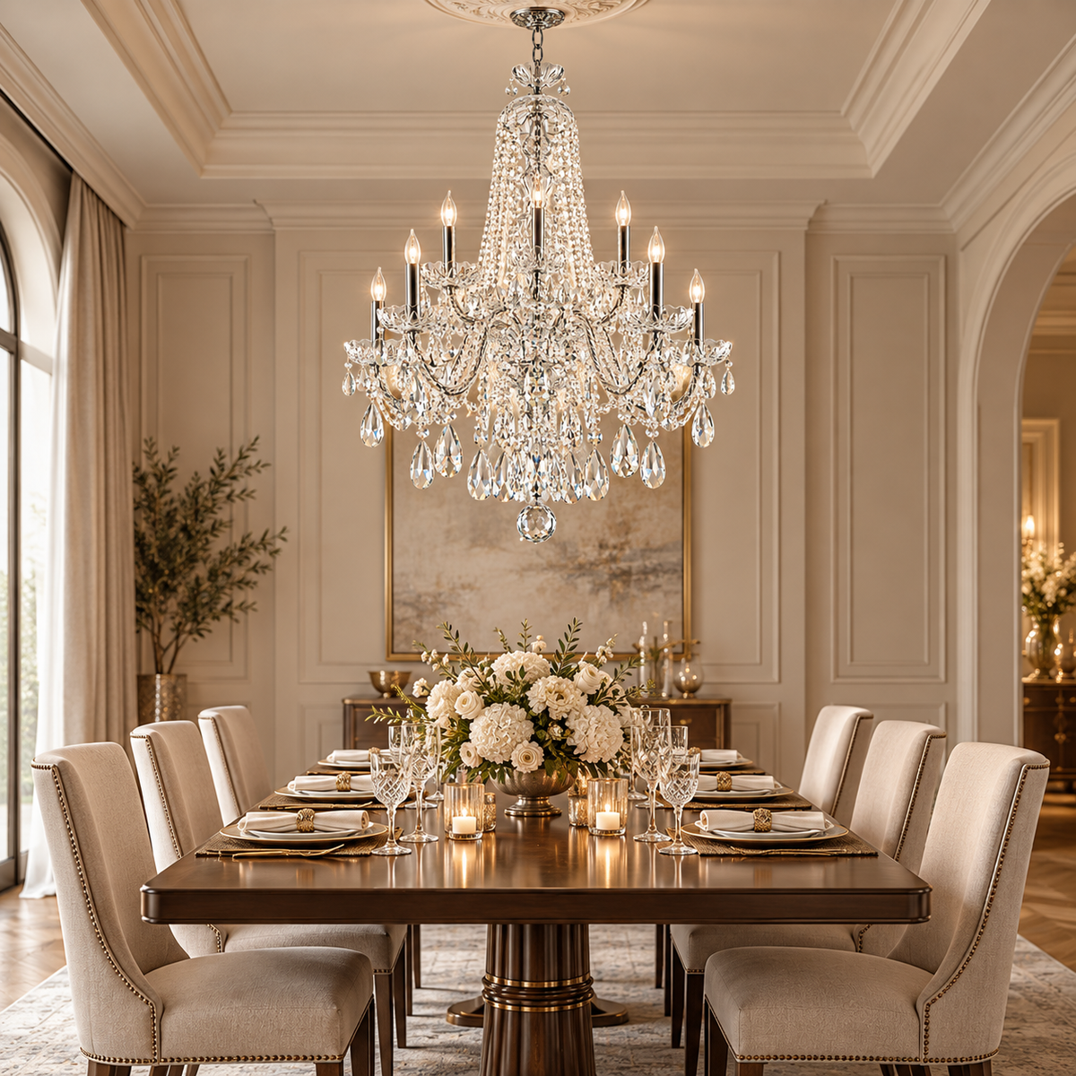 An ornate multi-tiered crystal chandelier hangs over a formal dining room with a dark wood table, white floral centerpiece, beige upholstered chairs, and elegant table settings.