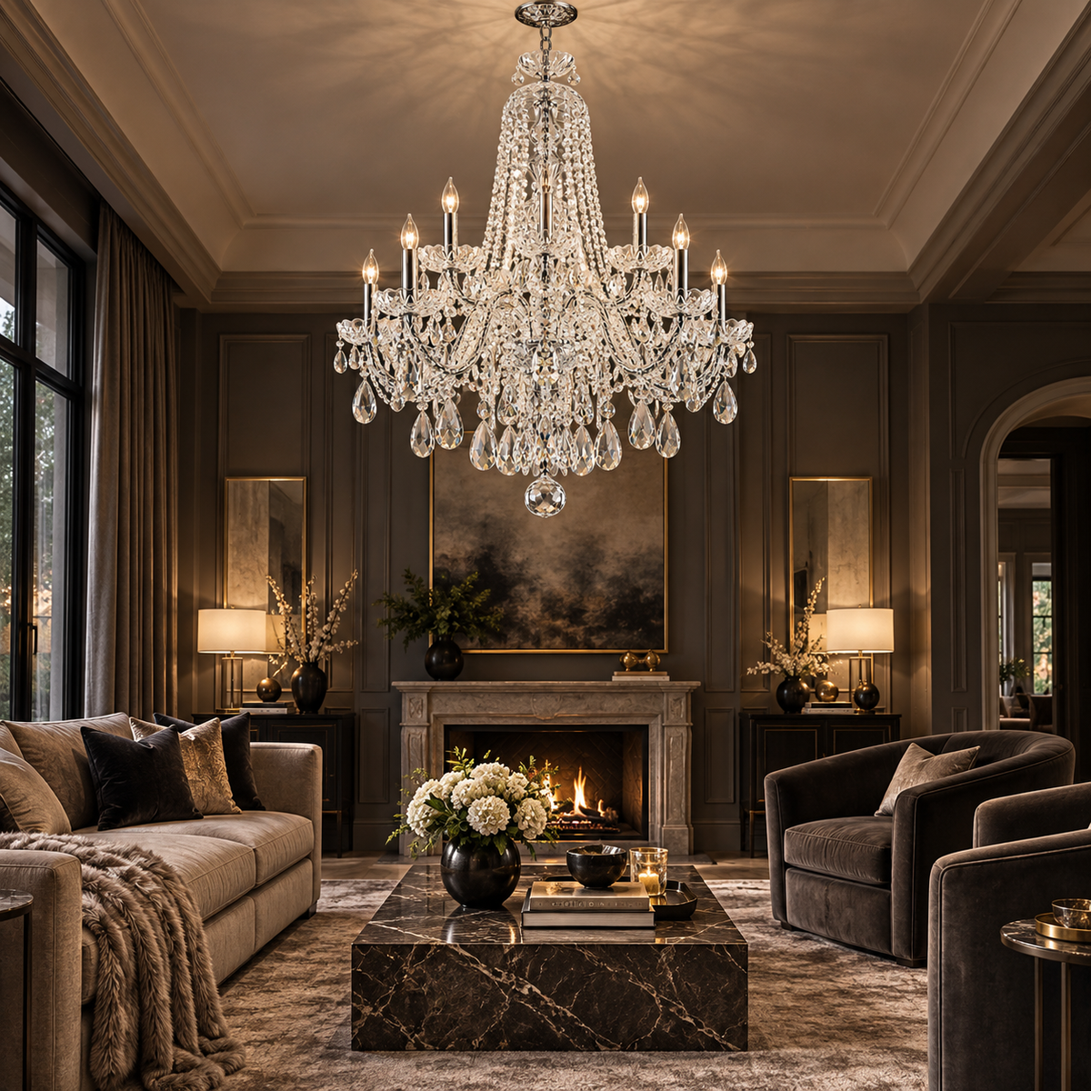 A large multi-tiered crystal chandelier with candle-style lights hangs in a luxurious, dark-toned living room with a fireplace, velvet armchairs, and a marble coffee table.