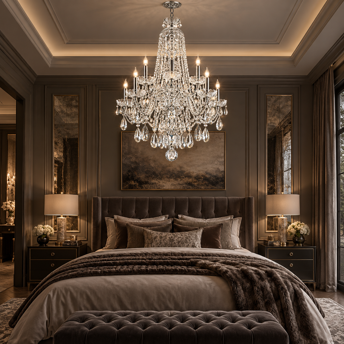 A luxurious bedroom featuring a large multi-tiered crystal chandelier hanging above a bed with neutral-toned bedding, flanked by matching nightstands and lamps in a dark, elegant room.
