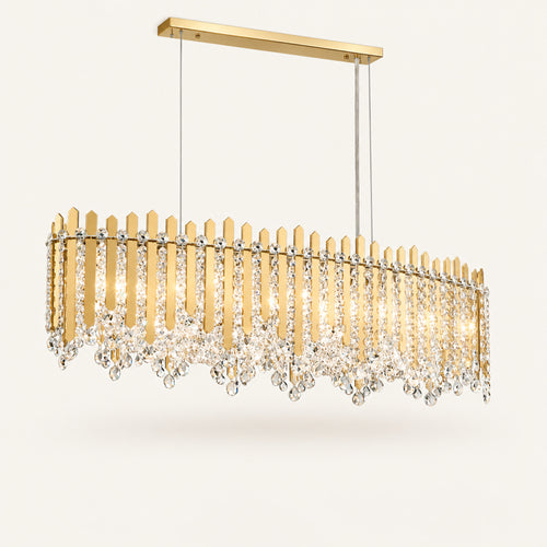 Chatter 12-light linear pendant in gold mirror with clear crystal on a warm ivory background