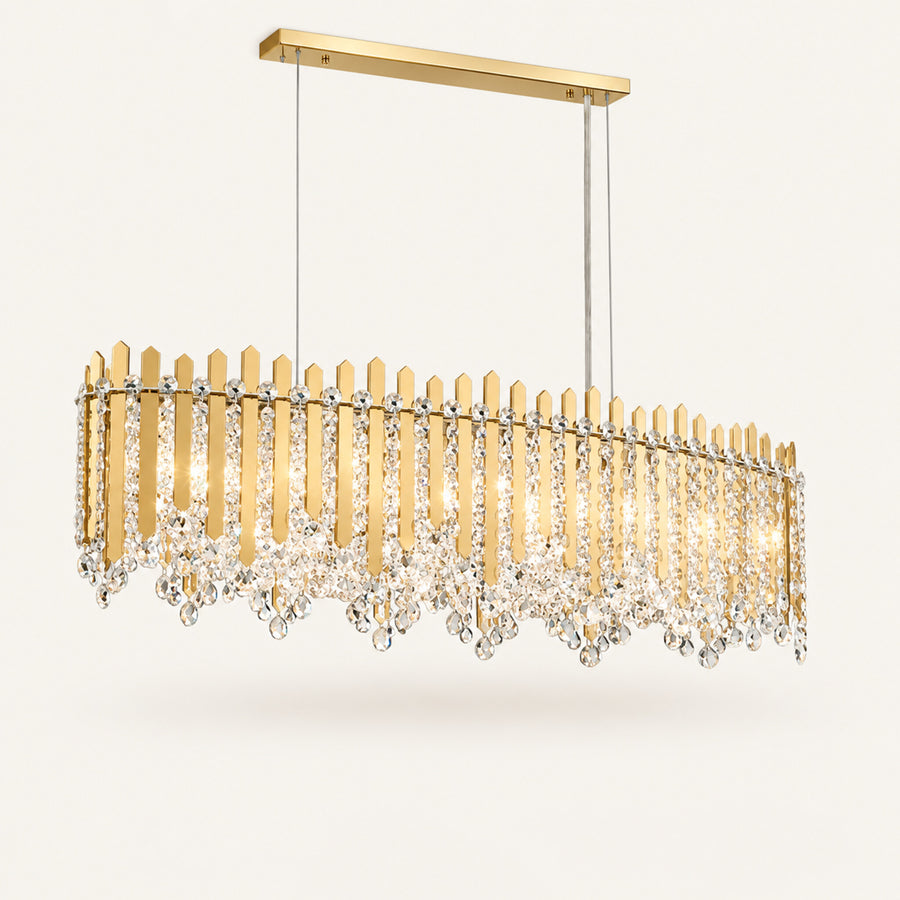 Chatter 12-light linear pendant in gold mirror with clear crystal on a warm ivory background