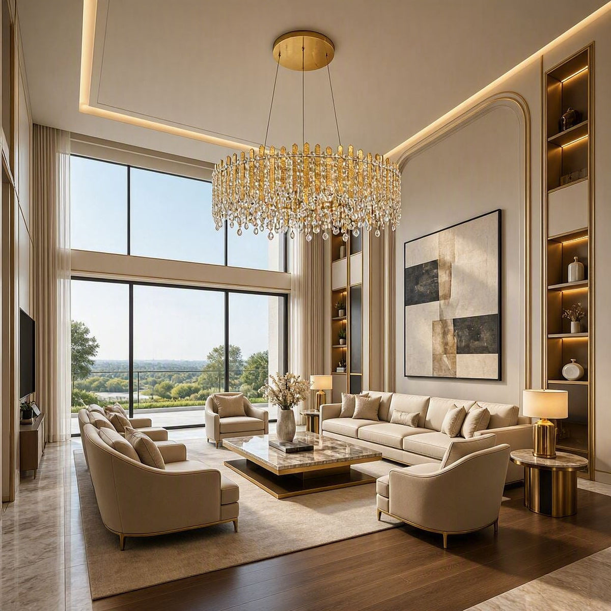 Chatter 12-light pendant in gold mirror displayed in a refined neutral luxury living room