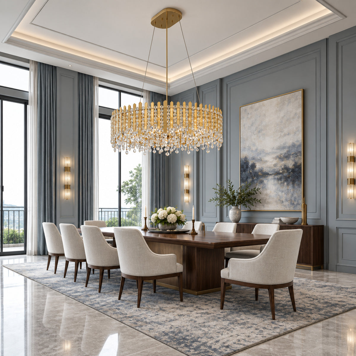 Chatter 12-light pendant in gold mirror displayed in a blue-gray transitional dining room