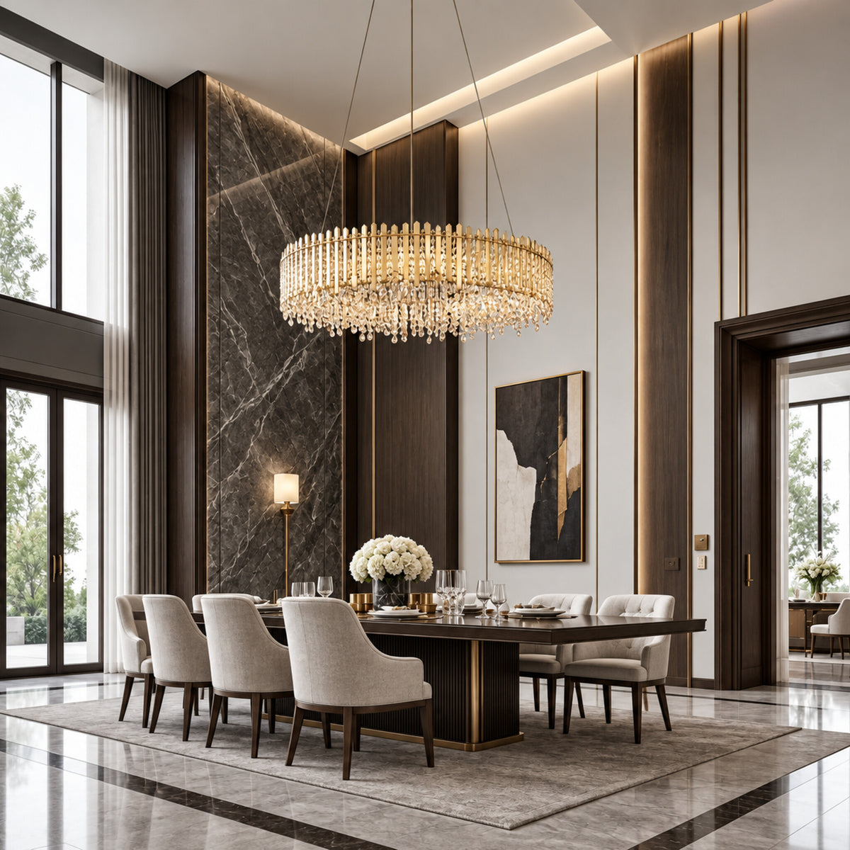 Chatter 18-light pendant in gold mirror displayed in a charcoal contemporary dining room