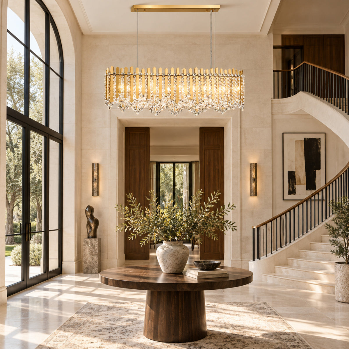 Chatter 12-light linear pendant in gold mirror displayed in a limestone European contemporary foyer