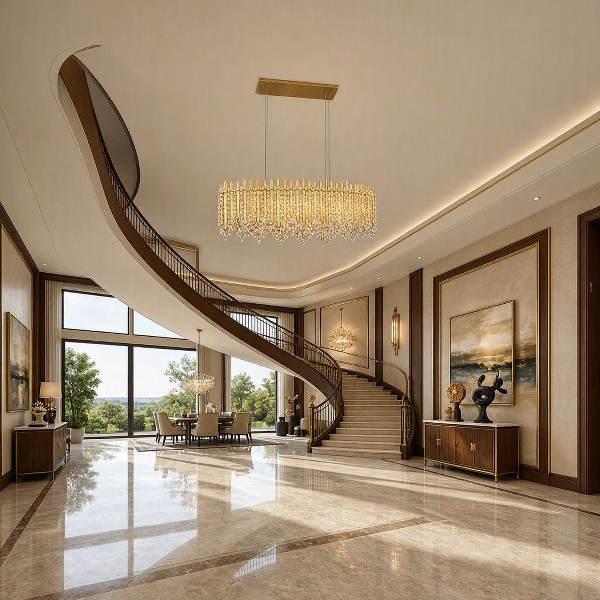 Chatter 12-light linear pendant in gold mirror displayed in a refined neutral luxury interior