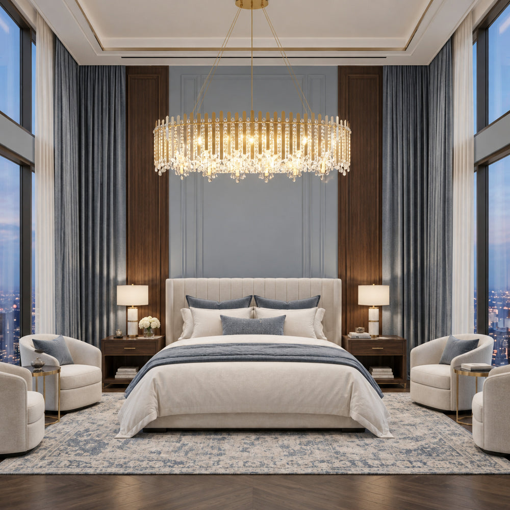 Chatter 12-light linear pendant in gold mirror displayed in a blue-gray transitional bedroom