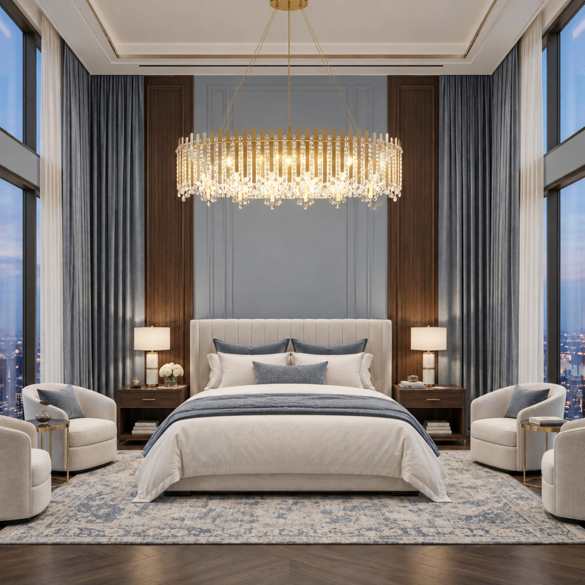 Chatter 12-light linear pendant in gold mirror displayed in a blue-gray transitional bedroom