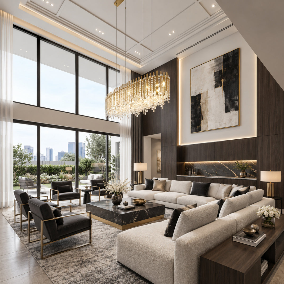 Chatter 12-light linear pendant in gold mirror displayed in a charcoal contemporary living room