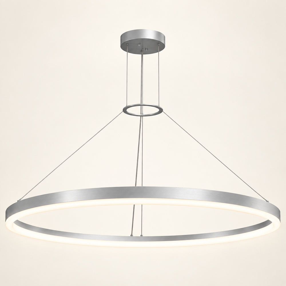 Corona 4 LED ring pendant in bright satin aluminum on a warm ivory background