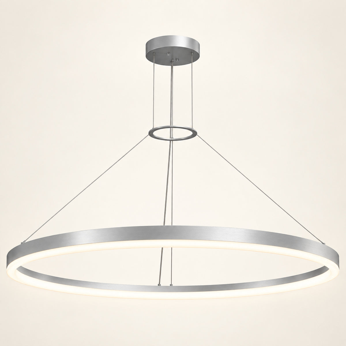 Corona 4 LED ring pendant in bright satin aluminum on a warm ivory background