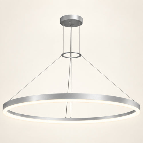 Corona 4 LED ring pendant in bright satin aluminum on a warm ivory background