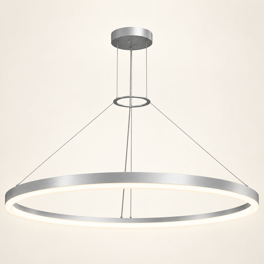 Corona 4 LED ring pendant in bright satin aluminum on a warm ivory background
