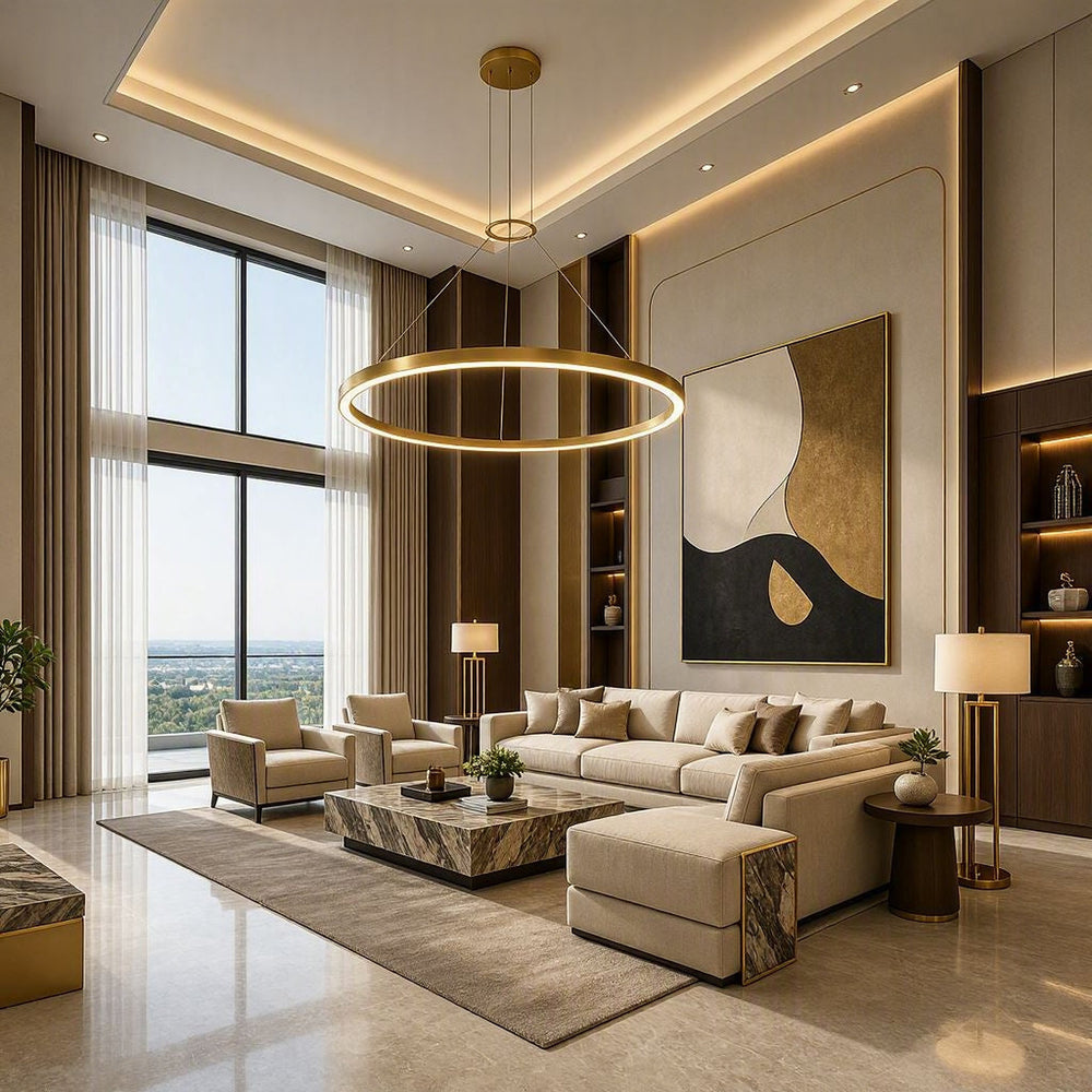 Corona 4 LED ring pendant in bright satin aluminum displayed in a refined neutral luxury living room