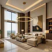 Corona 4 LED ring pendant in bright satin aluminum displayed in a refined neutral luxury living room