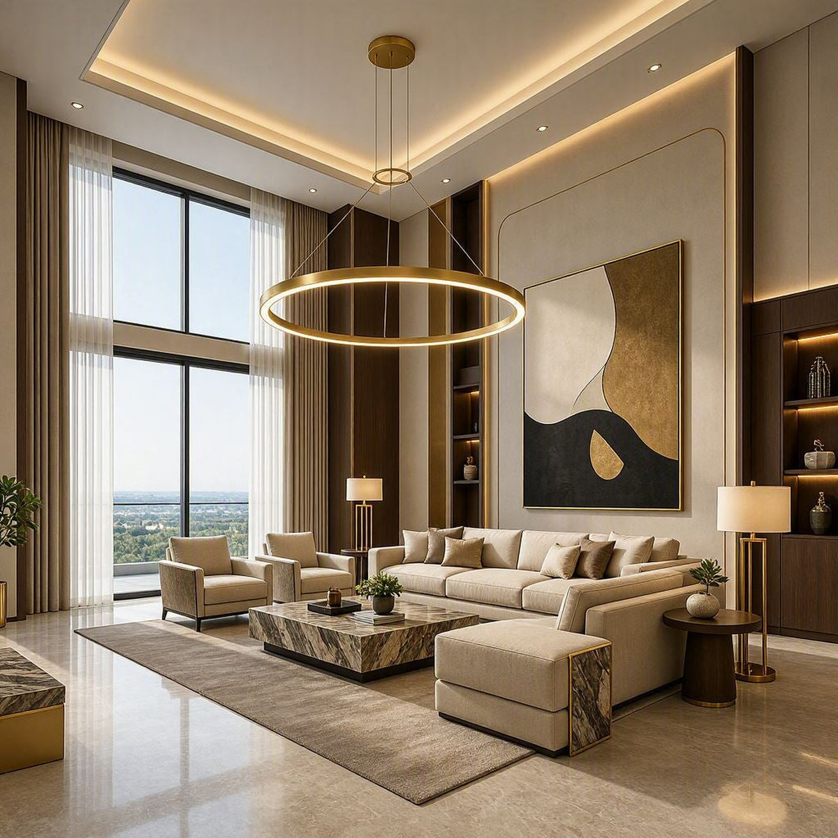 Corona 4 LED ring pendant in bright satin aluminum displayed in a refined neutral luxury living room