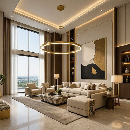 Corona 4 LED ring pendant in bright satin aluminum displayed in a refined neutral luxury living room