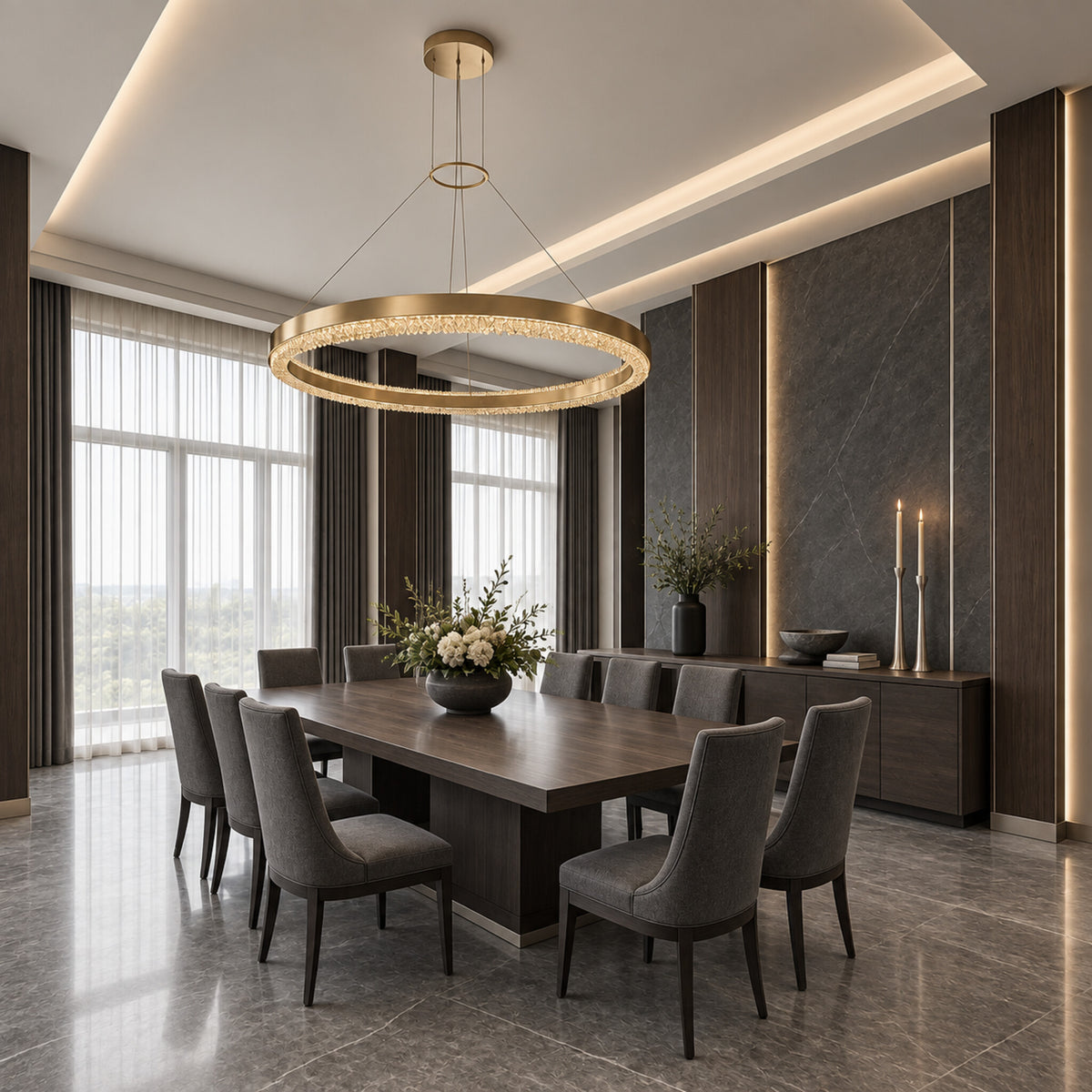 Corona 4 LED ring pendant in bright satin aluminum displayed in a charcoal contemporary dining room