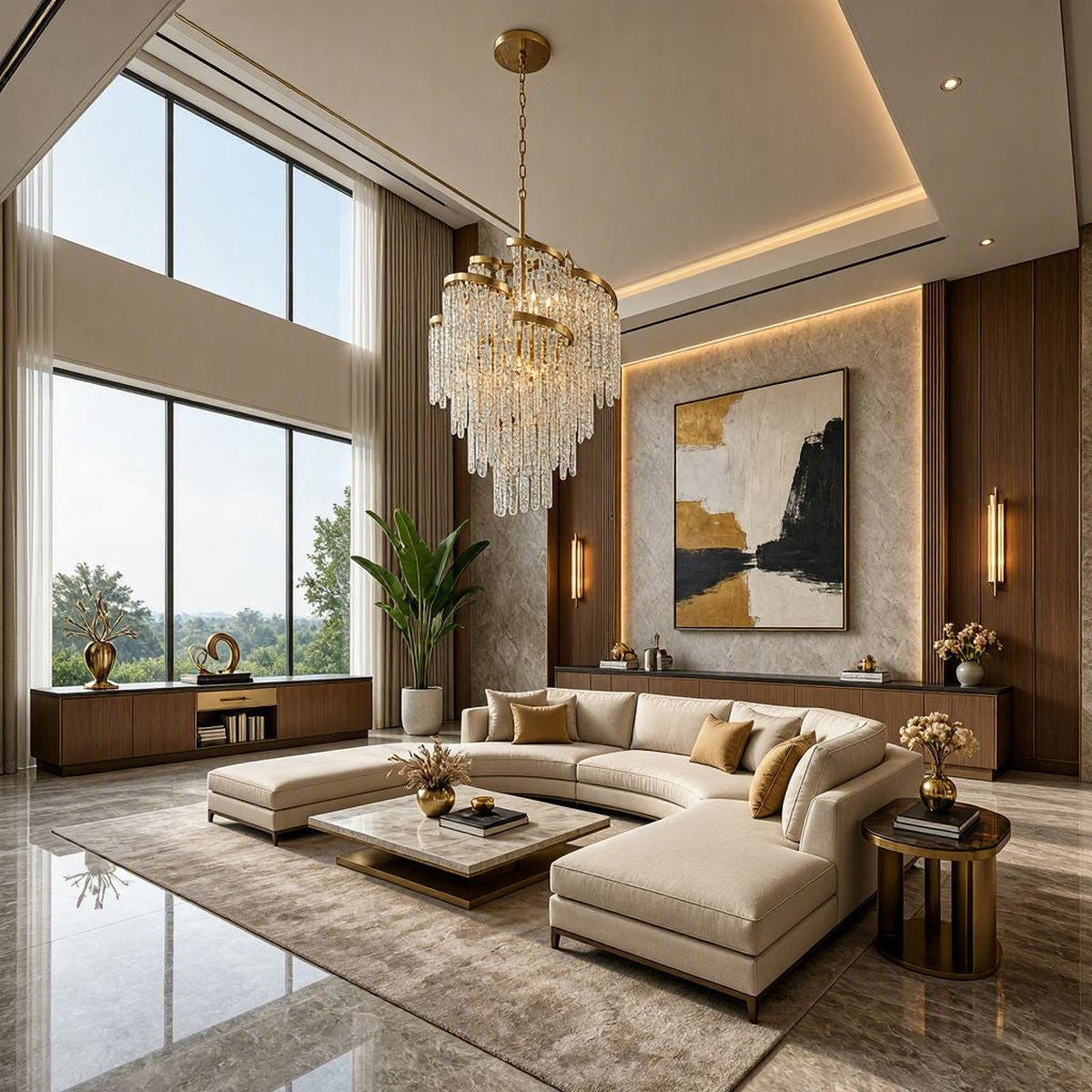 Mont Blanc chandelier in modern silver leaf displayed in a refined neutral luxury living room