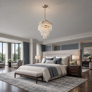 Mont Blanc chandelier in modern silver leaf displayed in a blue-gray transitional bedroom