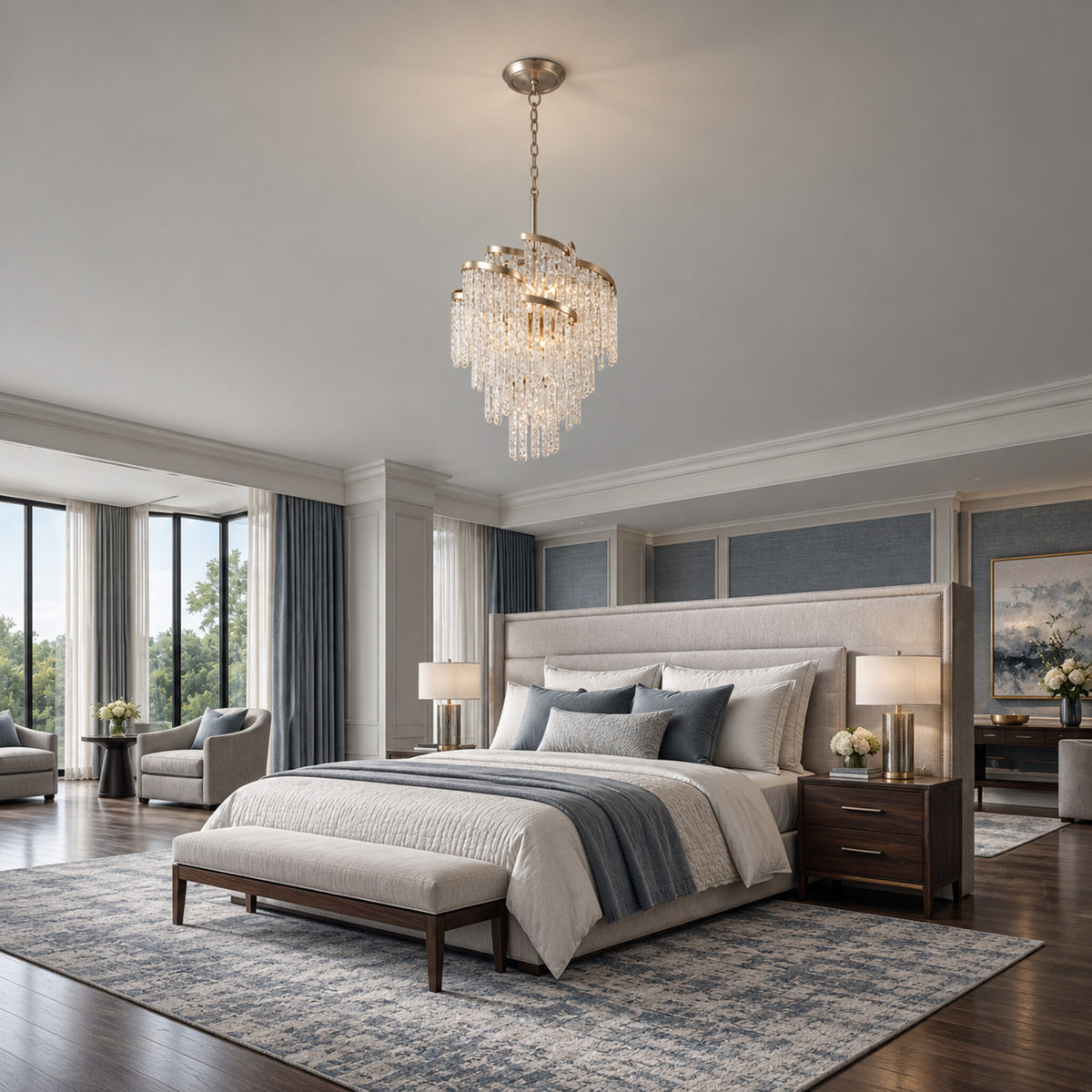 Mont Blanc chandelier in modern silver leaf displayed in a blue-gray transitional bedroom