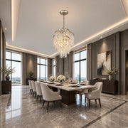 Mont Blanc chandelier in modern silver leaf displayed in a charcoal contemporary dining room