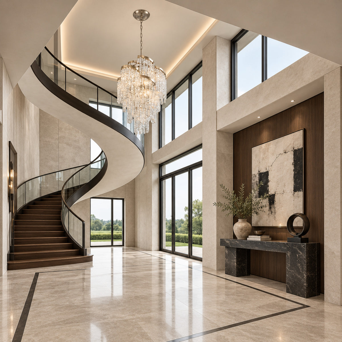 Mont Blanc chandelier in modern silver leaf displayed in a limestone European contemporary foyer