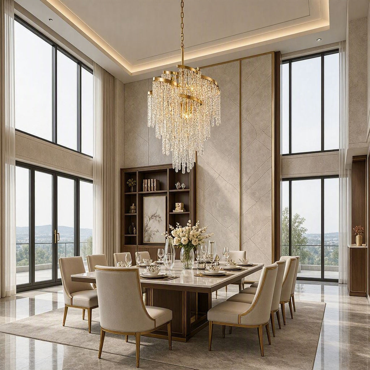 Mont Blanc chandelier in modern silver leaf displayed in a refined neutral luxury living room