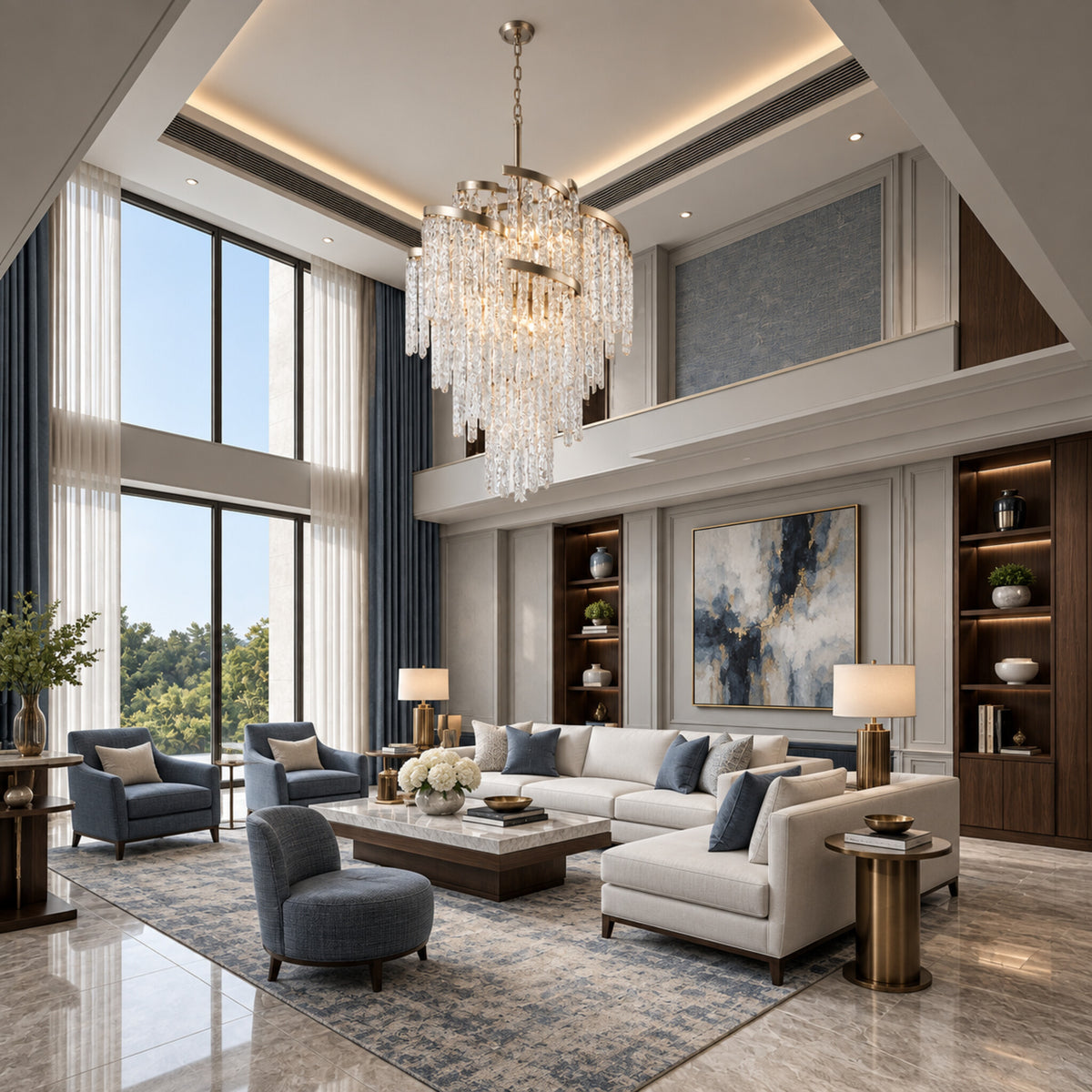Mont Blanc chandelier in modern silver leaf displayed in a blue-gray transitional living room