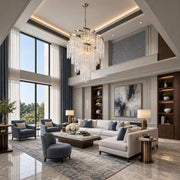 Mont Blanc chandelier in modern silver leaf displayed in a blue-gray transitional living room
