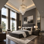 Mont Blanc chandelier in modern silver leaf displayed in a charcoal luxury bedroom