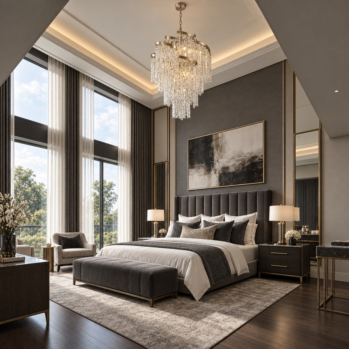 Mont Blanc chandelier in modern silver leaf displayed in a charcoal luxury bedroom