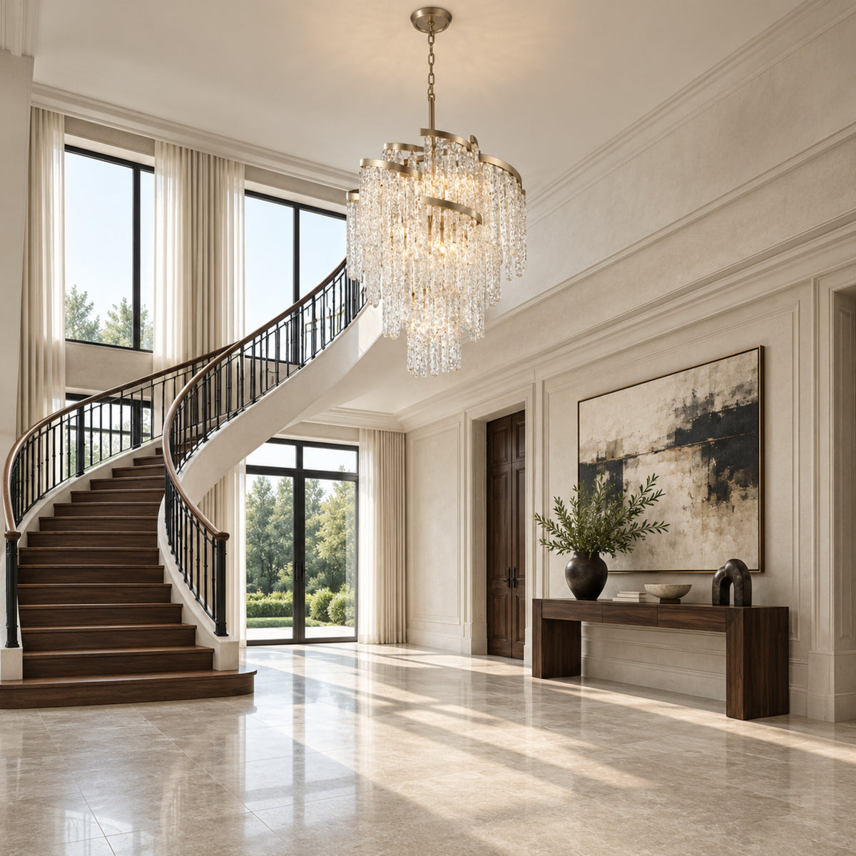 Mont Blanc chandelier in modern silver leaf displayed in a limestone European contemporary foyer