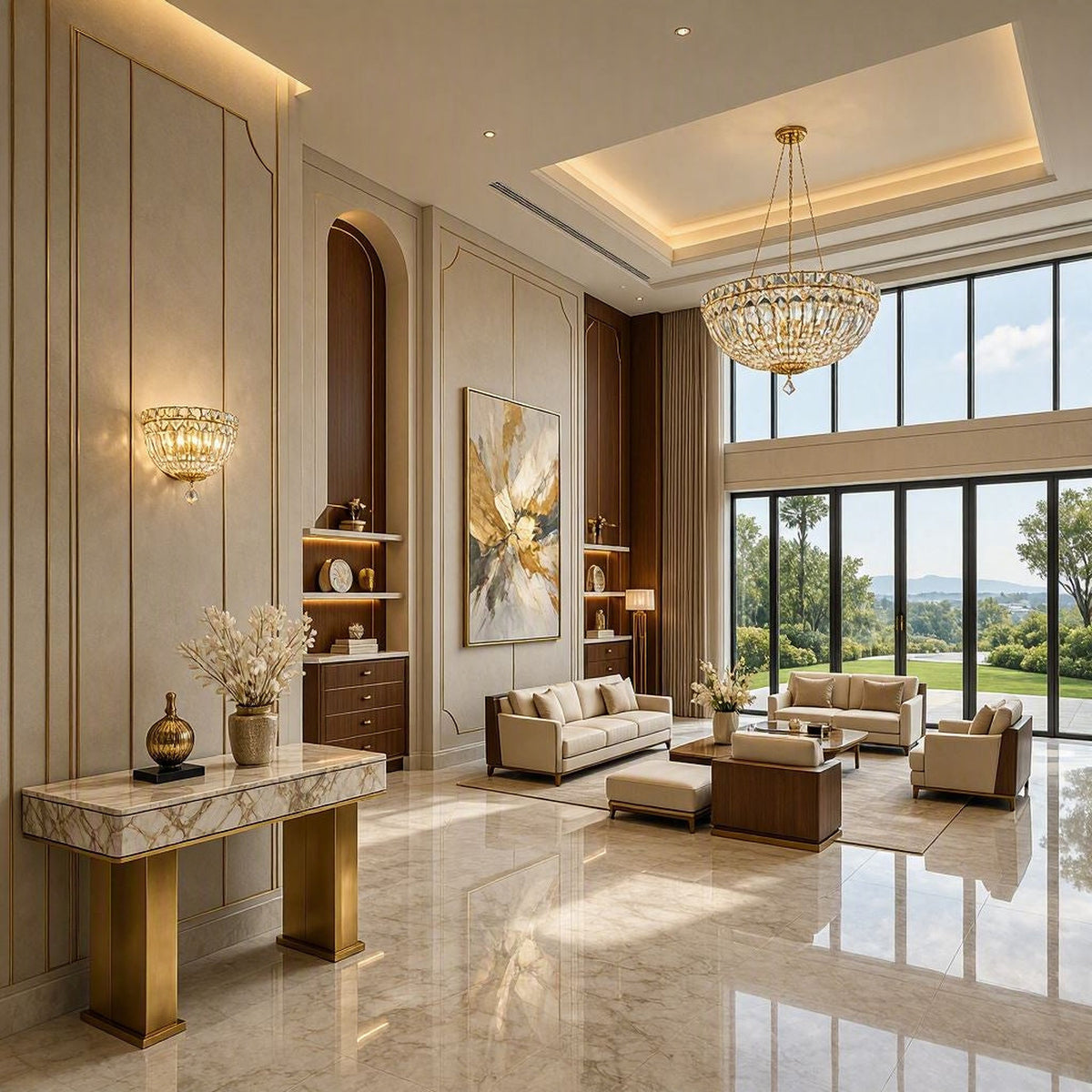 Petit Crystal Deluxe 3-light wall sconce in gold displayed in a refined neutral luxury interior