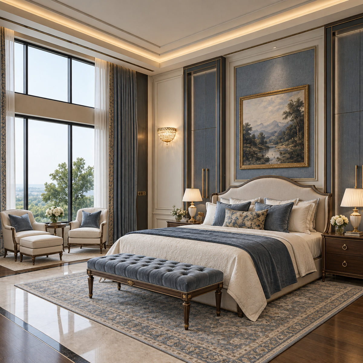 Petit Crystal Deluxe 3-light wall sconce in gold displayed in a blue-gray European classic bedroom