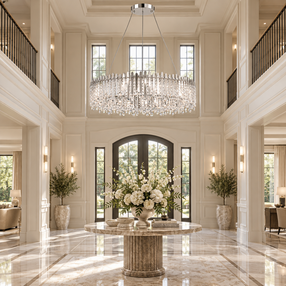 A large circular crystal chandelier hangs in a grand, symmetrical entryway with high ceilings, marble floors, potted plants, and a round marble console table with white flowers in the foreground.