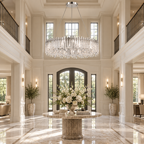 A large circular crystal chandelier hangs in a grand, symmetrical entryway with high ceilings, marble floors, potted plants, and a round marble console table with white flowers in the foreground.
