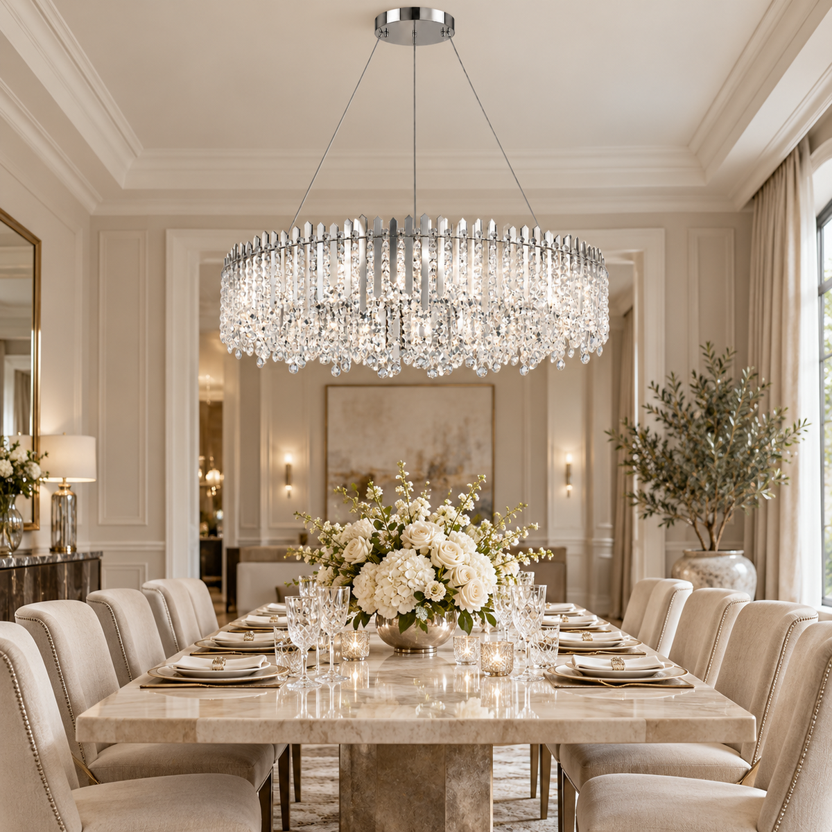 A large circular crystal chandelier with a silver-toned frame hangs over a marble dining table set with white flowers and glassware in an elegant, upscale dining room.