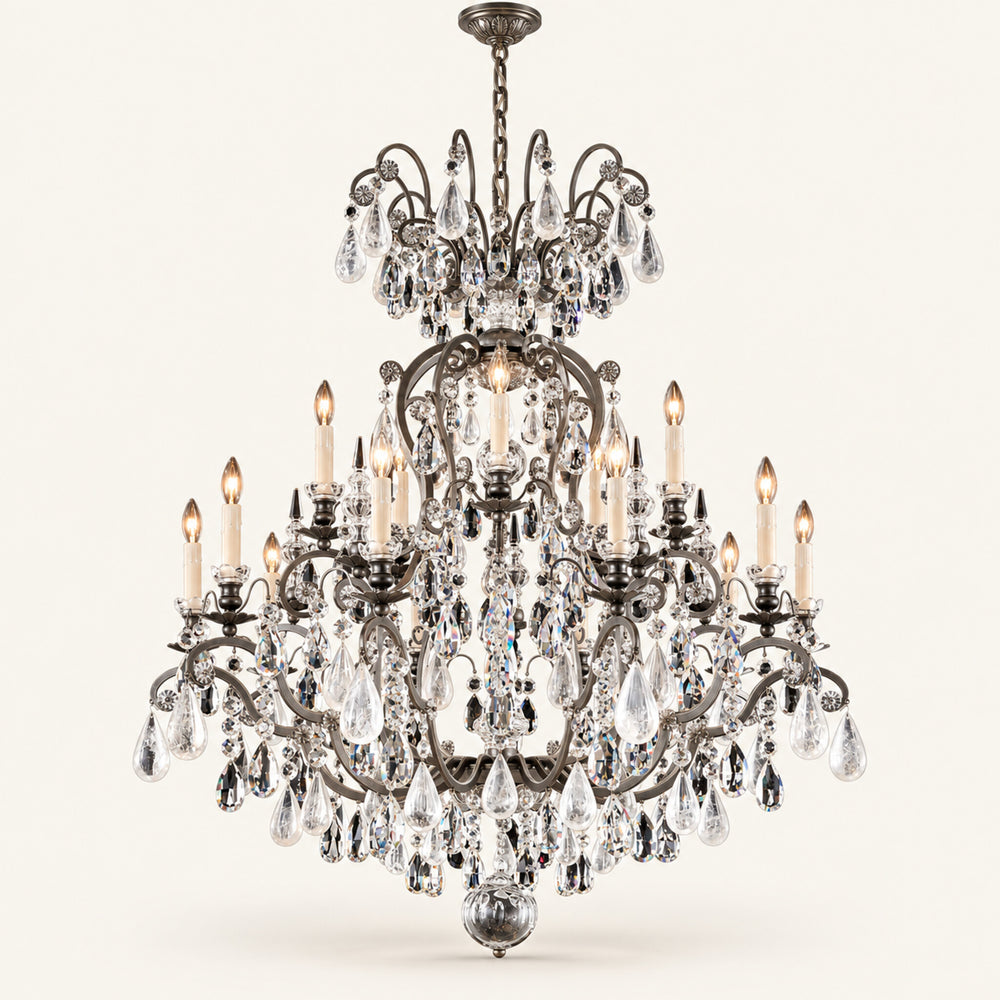 Renaissance Rock Crystal 15-light chandelier in antique pewter on a warm ivory background