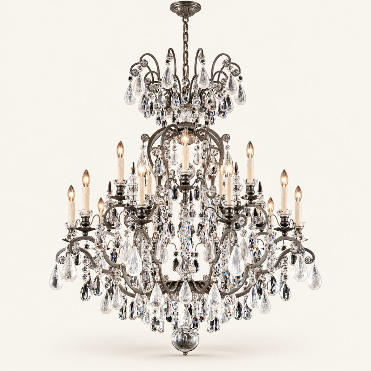 Renaissance Rock Crystal 15-light chandelier in antique pewter on a warm ivory background