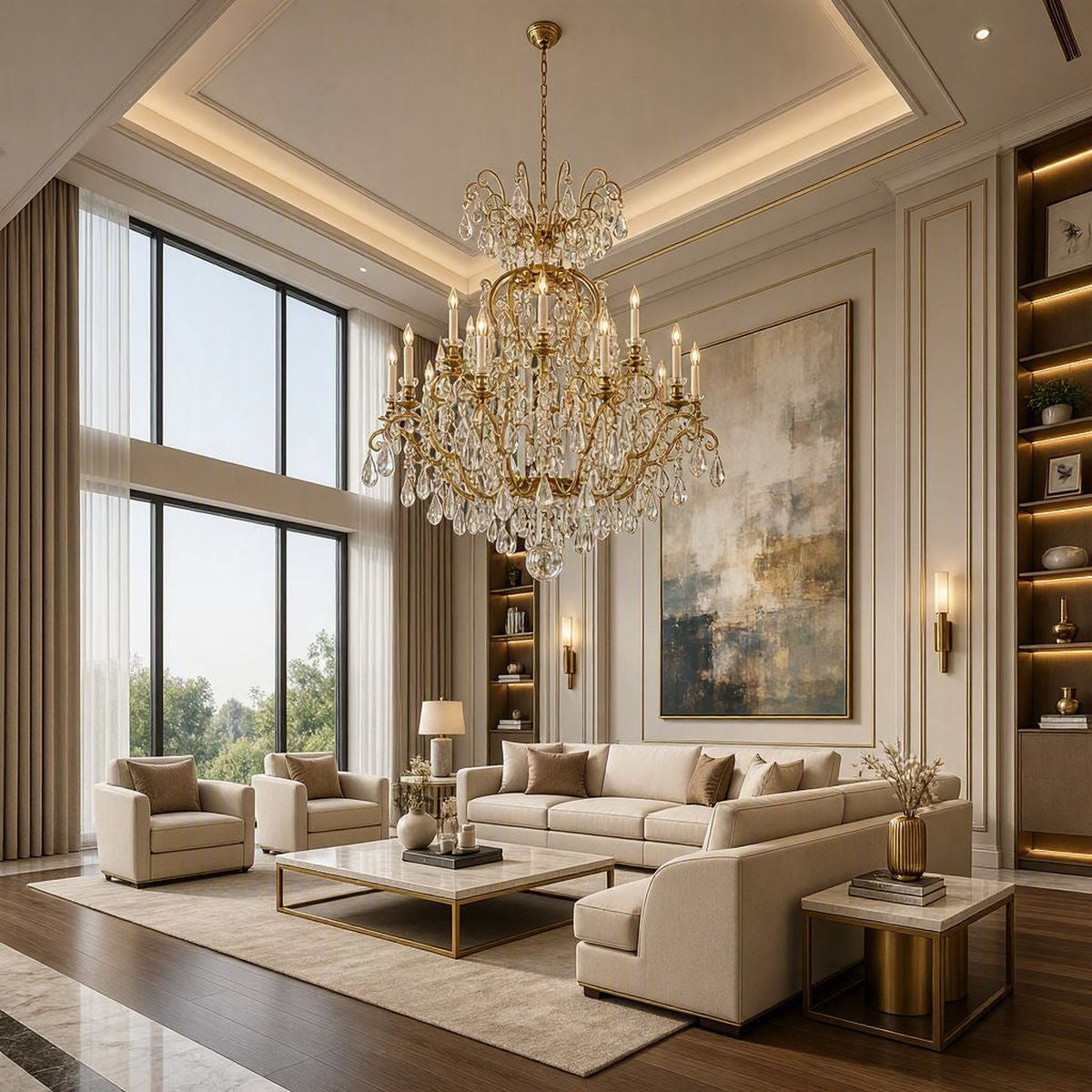 Renaissance Rock Crystal 15-light chandelier in antique pewter displayed in a refined neutral luxury living room